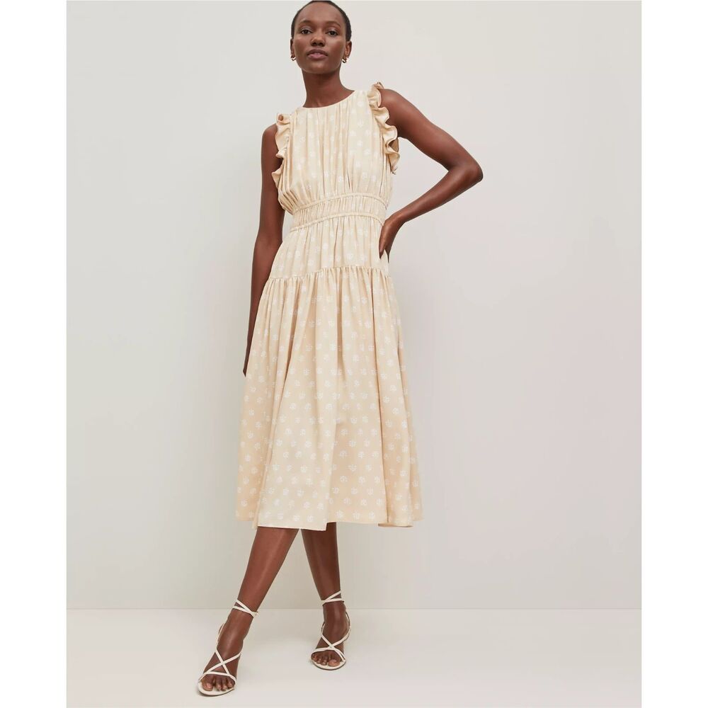 Ann Taylor | Petaled Ruffle Midi Dress in Cream/Tan Floral | Size 6